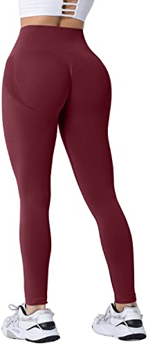 Memoryee Damen Gym Leggings Sport Scrunch Butt High Waist Push Up Boom Booty Workout Nahtlos Yoga Hosen/#2-Wine Red/L von Memoryee