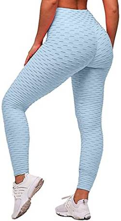 Memoryee Damen Honeycomb Leggings Geraffte Hintern Heben Hohe Taille Push Up Boom Booty Sport Leggings mit Bauchkontrolle Plus Größe Blickdichte Dehnbare Gym Yogahosen/Light Blue/L von Memoryee