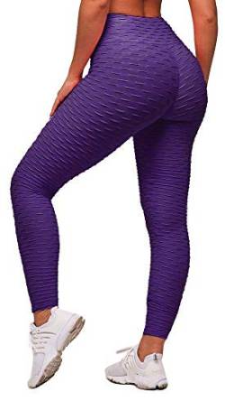 Memoryee Damen Honeycomb Leggings Geraffte Hintern Heben Hohe Taille Push Up Boom Booty Sport Leggings mit Bauchkontrolle Plus Größe Blickdichte Dehnbare Gym Yogahosen/Lila/L von Memoryee