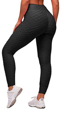 Memoryee Damen Honeycomb Leggings Geraffte Hintern Heben Hohe Taille Push Up Boom Booty Sport Leggings mit Bauchkontrolle Plus Größe Blickdichte Dehnbare Gym Yogahosen/Schwarz/S von Memoryee