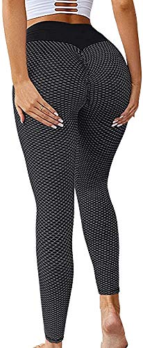 Memoryee Damen Honeycomb Leggings Geraffte Hintern Heben Hohe Taille Push Up Boom Booty Sport Leggings mit Bauchkontrolle Plus Größe Blickdichte Dehnbare Gym Yogahosen/Style2-Black/L von Memoryee