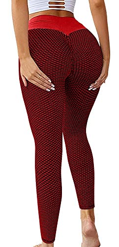 Memoryee Damen Honeycomb Leggings Geraffte Hintern Heben Hohe Taille Push Up Boom Booty Sport Leggings mit Bauchkontrolle Plus Größe Blickdichte Dehnbare Gym Yogahosen/Style2-Wine Red/L von Memoryee