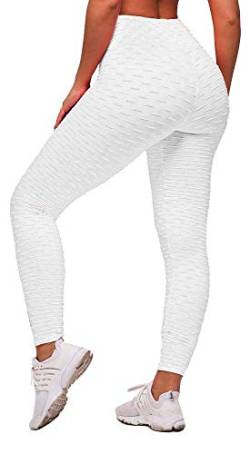 Memoryee Damen Honeycomb Leggings Geraffte Hintern Heben Hohe Taille Push Up Boom Booty Sport Leggings mit Bauchkontrolle Plus Größe Blickdichte Dehnbare Gym Yogahosen/Weiß/XXL von Memoryee