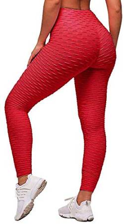 Memoryee Damen Honeycomb Leggings Geraffte Hintern Heben Hohe Taille Push Up Boom Booty Sport Leggings mit Bauchkontrolle Plus Größe Blickdichte Dehnbare Gym Yogahosen/rot/L von Memoryee