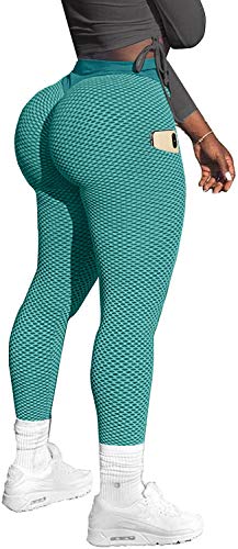 Memoryee Damen Honeycomb Leggings mit Taschen Slim Fit Hohe Taille Sporthose Lange Workout Kontrolle Gym Yogahosen/#2 Green/M von Memoryee