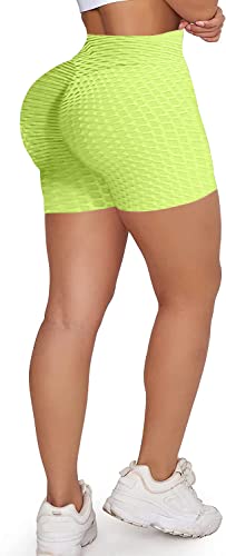 Memoryee Damen Kurze Leggings Hohe Taille mit Bauchkontrolle Sporthose Workout Kontrolle Gym Laufhose/Fluorescent Yellow/XL von Memoryee