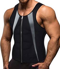 Memoryee Herren Neopren Sauna Weste Body Shaperwear Schwitzweste Taille Trainer Fitness Korsett Reißverschluss Tank Top/Black (Zipper - Gray Stripe)/L von Memoryee