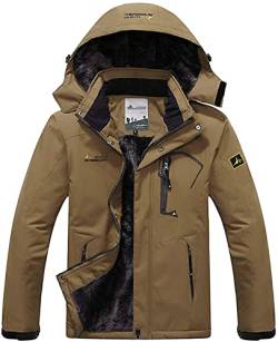 Memoryee Herren Ski Jacke Warmer Gefüttert Winter Fleece Mantel Wasserdichter mit Abnehmbarer Kapuze Outdoorjacke/Brown/L von Memoryee