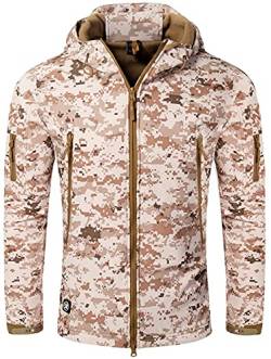 Memoryee Herren Wasserdichte Softshelljacken Fleece Futter Warme Militärische Outdoor Winddicht Übergangsjacke mit Kapuze/Desert camouflage(new)/2XL von Memoryee