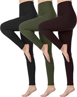 Memoryee Hohe Taille Leggings für Damen, Blickdichte Sportleggings Bauchkontrolle Plus Größe Dehnbare Sport Gym Yogahosen/#3 Pack/Black/ArmyGreen/Brown/S-M von Memoryee