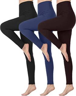 Memoryee Hohe Taille Leggings für Damen, Blickdichte Sportleggings Bauchkontrolle Plus Größe Dehnbare Sport Gym Yogahosen/#3 Pack/Black/Navy/Brown/L-XL von Memoryee