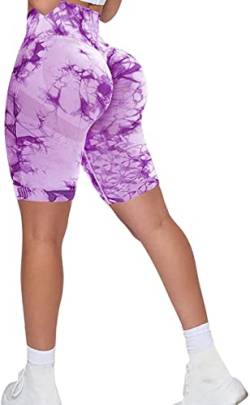 Memoryee Kurze Leggings Damen Push Up Booty Sport Nahtlose Shorts Hintern Heben Hohe Taille Bauchkontrolle Yogahose/B-Tie Dye Purple/L von Memoryee
