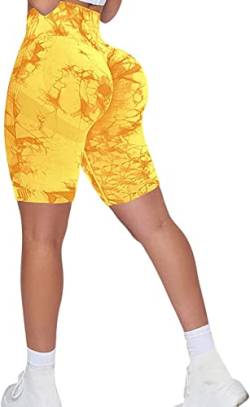 Memoryee Kurze Leggings Damen Push Up Booty Sport Nahtlose Shorts Hintern Heben Hohe Taille Bauchkontrolle Yogahose/B-Tie Dye Yellow/S von Memoryee