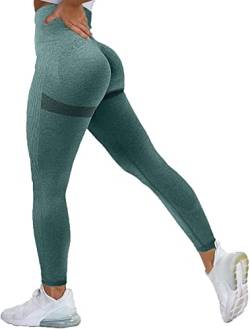 Memoryee Scrunch Butt Sport Leggings Damen Geraffte Hintern Heben Hohe Taille Bauchkontrolle Blickdicht Yogahose Fitnesshose/B-Green/L von Memoryee