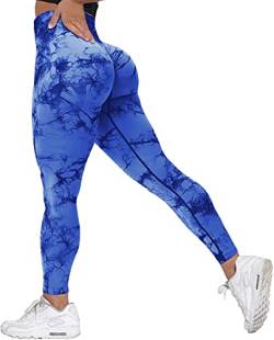 Memoryee Scrunch Butt Sport Leggings Damen Geraffte Hintern Heben Hohe Taille Bauchkontrolle Blickdicht Yogahose Fitnesshose/B-Tie Dye Dark Blue/M von Memoryee