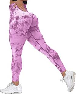 Memoryee Scrunch Butt Sport Leggings Damen Geraffte Hintern Heben Hohe Taille Bauchkontrolle Blickdicht Yogahose Fitnesshose/B-Tie Dye Purple/M von Memoryee