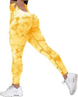 Memoryee Scrunch Butt Sport Leggings Damen Geraffte Hintern Heben Hohe Taille Bauchkontrolle Blickdicht Yogahose Fitnesshose/B-Tie Dye Yellow/M von Memoryee