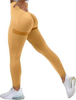 Memoryee Scrunch Butt Sport Leggings Damen Geraffte Hintern Heben Hohe Taille Bauchkontrolle Blickdicht Yogahose Fitnesshose/B-Yellow/XS von Memoryee