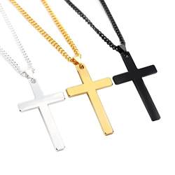 MenYiYDS 3 Stück Herren Halskette mit Anhänger Herren Gold-Kette aus Edel-Stahl Coole Kreuz Kette Handmade Glieder Kette Männer Kette Geschenk Geburtstag (gold, silber, schwarz) von MenYiYDS