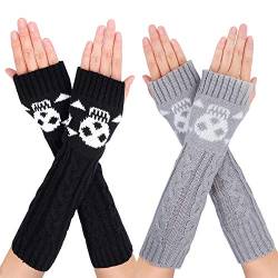 MengH-SHOP Armstulpen Damen Fingerlose Handschuhe Armwärmer Winter Stricken Wärmer Lange Handschuh Daumenloch Fäustling 2 Paar (Schwarz und Grau) von MengH-SHOP