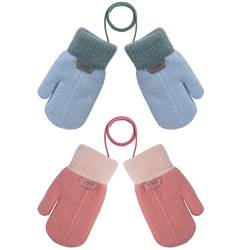 MengH-SHOP Kinder Strickhandschuhe Fäustlinge Winter Warme Handschuhe Fleece-Innenfutter Winterhandschuhe mit Schnur Kleinkinder Fausthandschuh für 3-6 Jahre Jungen Mädchen 2 Paar (Blau und Rosa) von MengH-SHOP