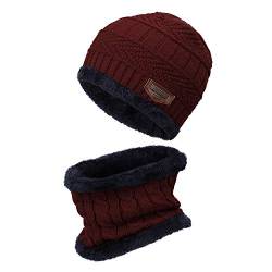 MengH-SHOP Kinder Wintermütze Winterschal Warme Strickmütze und Kreis Schal Set im Freien Schal Beanie Skull Cap für 5-12 Jahre Jungen Mädchen, Dunkel Rot von MengH-SHOP