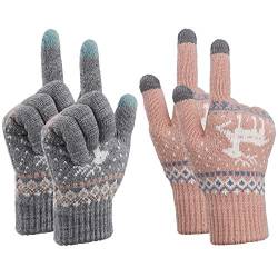 MengH-SHOP Touchscreen Handschuhe Damen Winterhandschuhe Frauen Fäustlinge Baumwollhandschuhe Winter Warm Damenhandschuhe 2 Paare (Rosa und Grau) von MengH-SHOP