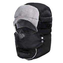 MengH-SHOP Trappermütze Bomber Hut Unisex Wintermütze mit Ohrenklappen Winddichtes Maske Brille Hält Warm Fliegermütze für Skifahren Skaten Klettern Schwarz von MengH-SHOP