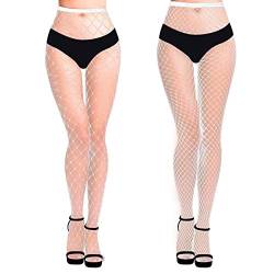 MengaPa Netzstrümpfe Hohe Taille Netzstrumpfhosen Fischernetz Strumpfhosen für Damen 2Pcs (Weiß) EU2441 von MengPa