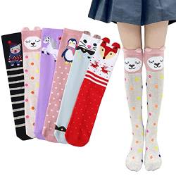 Menghao 6 Pairs Knee Socks Girl for 5-12Years Old-Summer Spring Socks for Kids Animal Cat Fox Bear Cotton Stocking, Animals2, One Size:5-12Years Old von Menghao