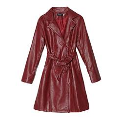 Mengmiao Damen Lang Revers PU Lederjacke mit Gürtel Langarm Windbreaker Kunstlederjacke Mantel mit Knopf (Wein Rot, 2XL) von Mengmiao