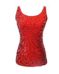 Damen Tank Top Glitzer Ärmellos Shirt Pailletten Oberteile rot von Mengyu