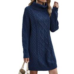 Mengyu Damen Strickkleid Elegante Lang Pulloverkleider Winterkleid mit Rollkragen Langarm Strickpullover für Herbst, Winter und Frühling (Marine, M) von Mengyu