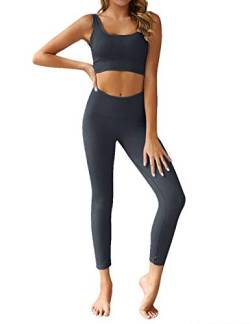 Menore Damen Sport Set Fitness Yoga Damen Hosen und Sport Crop Top 2 Stücke Sport Bekleidungssets Yoga Outfit Freizeitanzug Kompression Sporthose Trainingsanzug Sportanzug Gym Set,Dunkel Grau,M von Menore