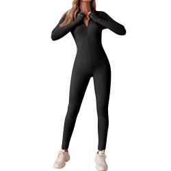 Menore Women Sports Yoga Jumpsuits Workout Ribbed Long Sleeve V-Neck Playsuits with Zip Jogging Romper Trouser Suit Tracksuit von Menore