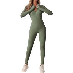 Menore Women Sports Yoga Jumpsuits Workout Ribbed Long Sleeve V-Neck Playsuits with Zip Jogging Romper Trouser Suit Tracksuit von Menore