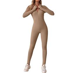 Menore Women Sports Yoga Jumpsuits Workout Ribbed Long Sleeve V-Neck Playsuits with Zip Jogging Romper Trouser Suit Tracksuit von Menore