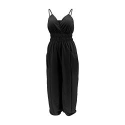 Mercatoo Damen Sommer-Jumpsuit mit Hosenträgern, V-Ausschnitt, plus Hofzehe, Baumwolle und Leinen, lässiges Outfit, Schwarz , 54 von Mercatoo