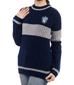 Harry Potter Ravenclaw Quidditch Pullover: Hogwarts Haus Ravenclaw Quidditch Uniform Nachbildung Rippstich Strickpullover Rundhals für Damen und Herren, blau / silber, L von Merchoid