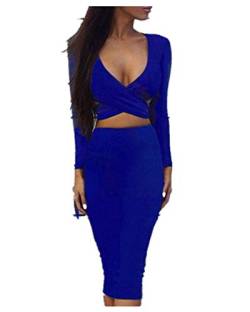 Merciy Sexy Fest V Ausschnitt Langarm Bodycon Kleid ，Figurbetontes Kleid Knielang (L, Blau) von Merciy