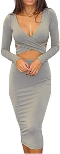 Merciy Sexy Fest V Ausschnitt Langarm Bodycon Kleid ，Figurbetontes Kleid Knielang (M, Grau) von Merciy