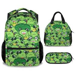 Mercuryelf Frosch Mädchen Jungen Rucksack mit Lunchbox-Set, 3-in-1 Schulreiserucksäcke, passende Kombination, niedliche grüne Büchertasche und Federmäppchen von Mercuryelf