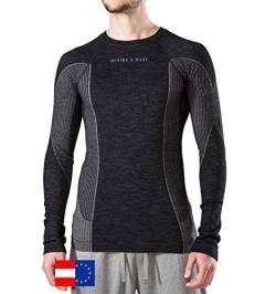 Merino & More Merino Shirt Herren Langarm - Premium Funktionsunterwäsche aus Merinowolle - Sport - Langarm - Funktionsunterhemd schwarz-grau Gr. S von Merino & More