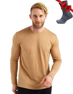 100% Merino Unterwäsche Herren - Merino Langarmshirt Herren Atmungsaktiv Und Feuchtigkeitsableitend + Wollsocken (165 Camel, XXX-Large) von Merino.tech