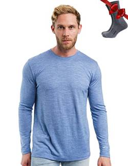 100% Merino Unterwäsche Herren - Merino Langarmshirt Herren Atmungsaktiv Und Feuchtigkeitsableitend + Wollsocken (165 Deep Blue, Large) von Merino.tech