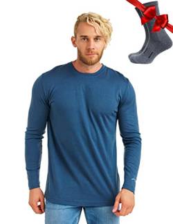 100% Merino Unterwäsche Herren - Merino Langarmshirt Herren Atmungsaktiv Und Feuchtigkeitsableitend + Wollsocken (165 Denim Blue, Large) von Merino.tech