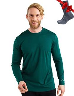 100% Merino Unterwäsche Herren - Merino Langarmshirt Herren Atmungsaktiv Und Feuchtigkeitsableitend + Wollsocken (165 Forest Green, Large) von Merino.tech