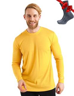 100% Merino Unterwäsche Herren - Merino Langarmshirt Herren Atmungsaktiv Und Feuchtigkeitsableitend + Wollsocken (165 Gold, Medium) von Merino.tech