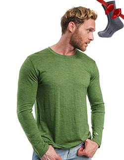 100% Merino Unterwäsche Herren - Merino Langarmshirt Herren Atmungsaktiv Und Feuchtigkeitsableitend + Wollsocken (165 Green Olive, Large) von Merino.tech