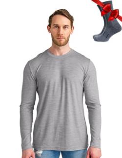 100% Merino Unterwäsche Herren - Merino Langarmshirt Herren Atmungsaktiv Und Feuchtigkeitsableitend + Wollsocken (165 Heathered Grey, Small) von Merino.tech